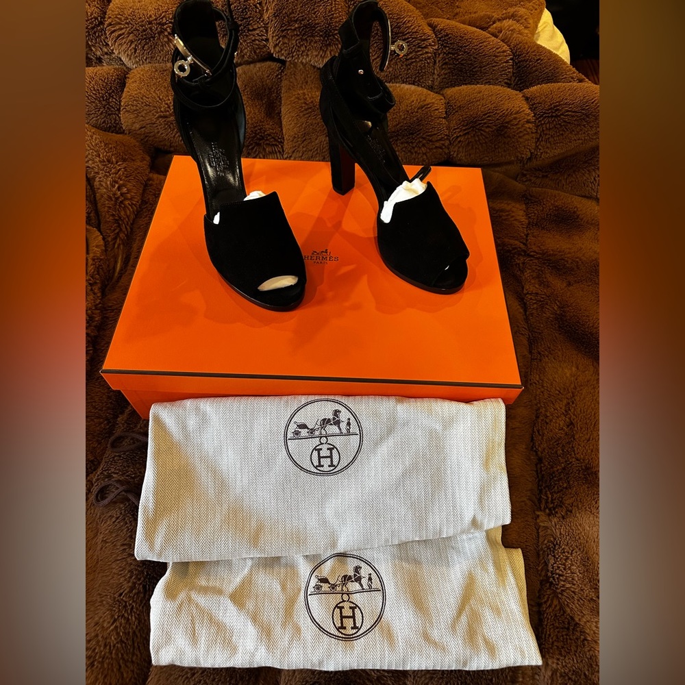 Hermes Nina D’Orsay Pumps, black suede peep toe, block heel. Silver hardware.